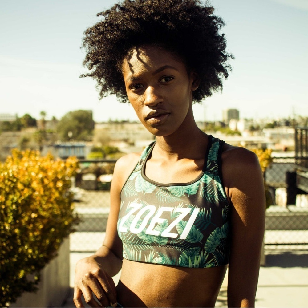 Zoezi Bra Black and Green Damaris Palm Sports Bra Size Small Workout Racerback
